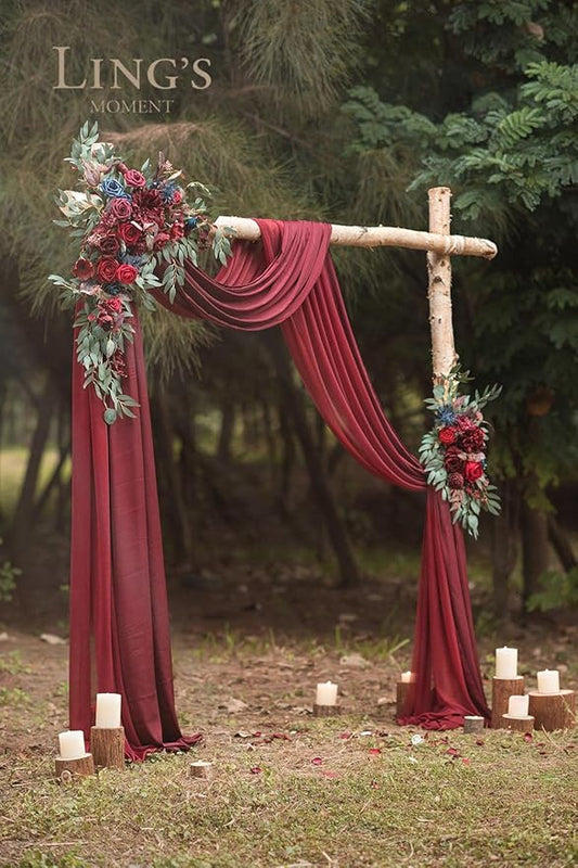 Ling's moment Burgundy Artificial Wedding Arch Flowers Kit Pack of 4, 2pcs Hanging Flower Arrangement 2pcs Chiffon Drapes Ceremony Reception Fake Rose Arbor Backdrop Floral Party Outdoor Decorations