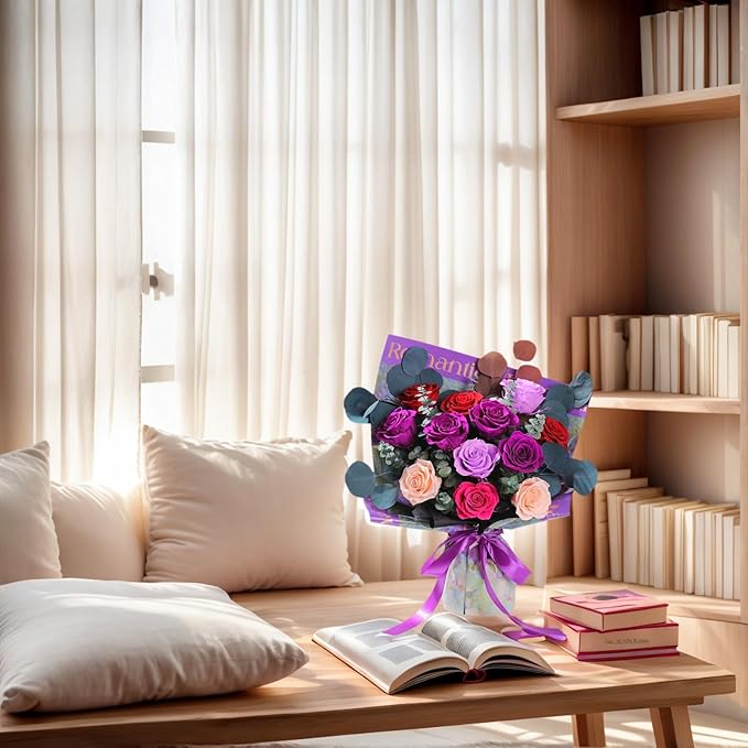 Flowers for Delivery Birthday Flowers Gift for Her,Preserved Flowers Bouquet 12 Roses Mixed Bouquet,Rose Gifts for Women Mom Grandma(Mixed 12 Purple-B Roses)