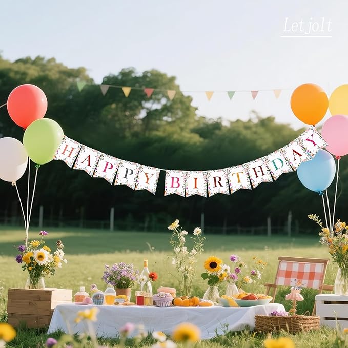 Letjolt Wildflower Happy Birthday Banner Girls Flower Birthday Flag Floral Theme Party Signs Baby Shower Decorations Supplies for Women 13 pcs
