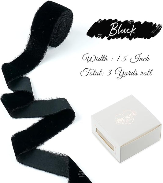 Black Velvet Ribbon 1.5 Inch Black Frayed Silk Velvet Ribbon Rustic Christmas Velvet for Gift Raw Edge Boho for Wedding Invitation Bridal Bouquet -3yards