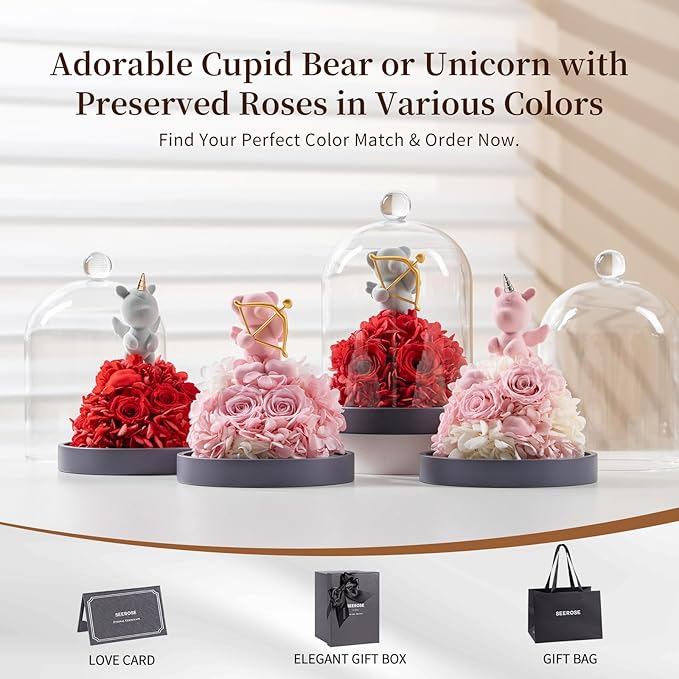 SEEROSE Preserved Rose with Unicorn in Glass Dome, Eternal Real Rose Romantic Gift for Her, Women, Mom, Wife, Girlfriend, Valentine’s Day, Mother’s Day, Christmas, Birthday (Lucky Unicorn, Red)