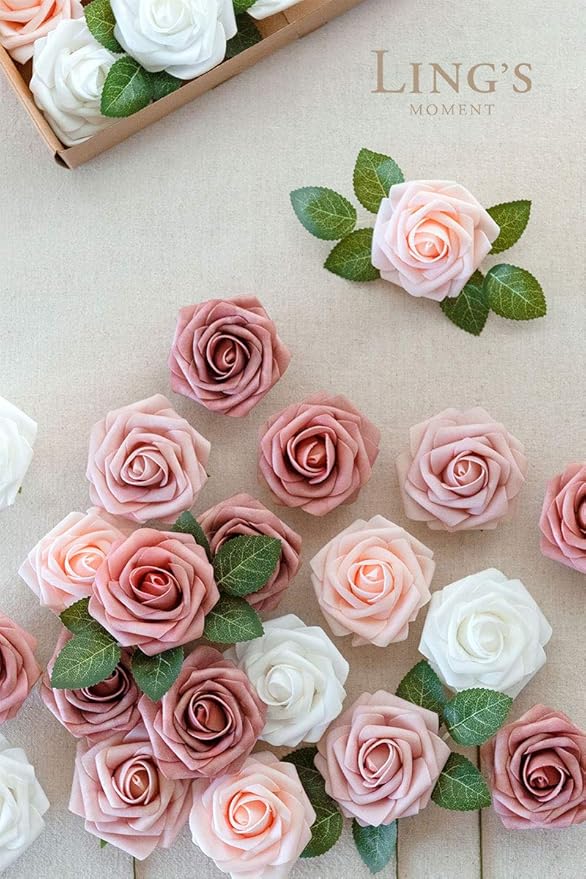 Ling's moment Artificial Flowers, 50Pcs 3" Roses in Dusty Rose Shades, Realistic DIY Foam Floral Decor for Wedding Bouquets/Centerpieces, Outdoor Party Backdrops, Room/Table, Garden/Pot Decorations