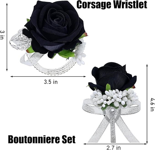 2Pcs Rose Black Corsage and Boutonniere Set, Artificial Wrist Corsage Wristlet Bracelets, Men Boutonniere for Wedding Anniversary Party Homecoming Flowers Accessories Prom Decor