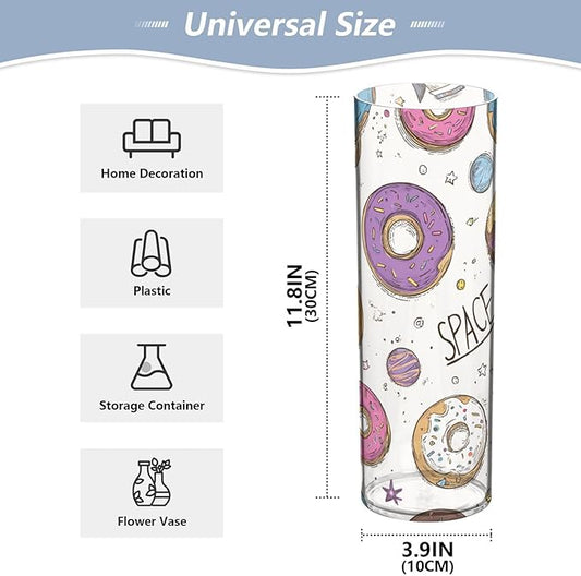 Flower Vase Clear Plastic Cylinder Vases Decor for Centerpieces Home Storage Office Weddings Donuts Space Planets Rockets 11.8 x 3.9 in