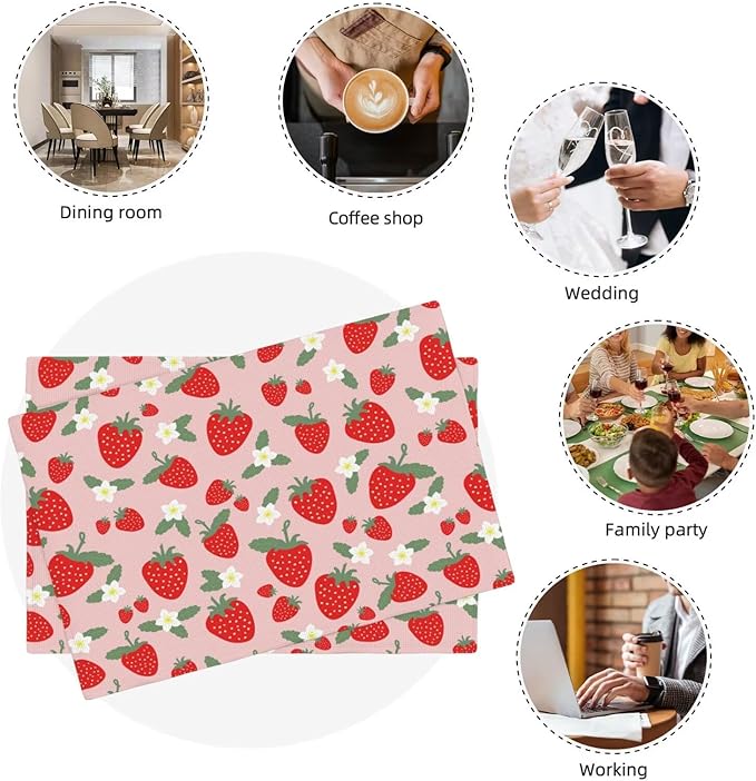Fruit Linen Placemats Set of 6 Pink Strawberry Placemats for Indoor Outdoor Party Home Desktop Kitchen Dining Room Decor 12x18 Inch