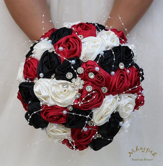 Bridal Wedding Bouquet Round Bling Brooch Bouquet Throw Toss Artificial Rose Flower Bunch for Bride Bridesmaid Wedding Quinceanera(Ruby Red, Black & Ivory, 7.5")