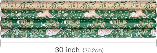 RUSPEPA Christmas Kraft Wrapping Paper - Owl, Reindeer, Christmas Ball and Text Design - 4 Rolls - 30 inches x 10 feet per Roll