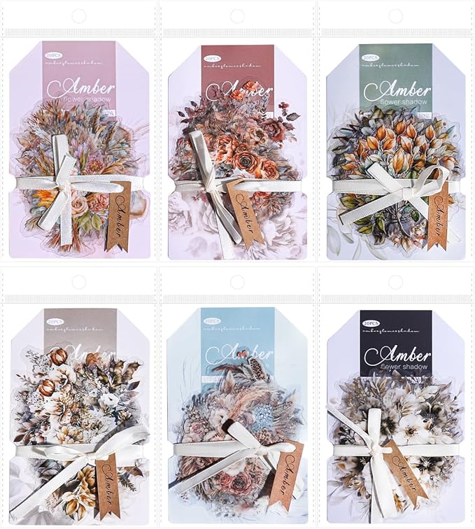 TIAMECH Amber Flower Shadow PET Stickers - 120 Pcs Branch Garland Flicker Design, Waterproof Sticker for Journaling & Scrapbooking, Junk Journal Supplies, Ephemera & DIY Crafts