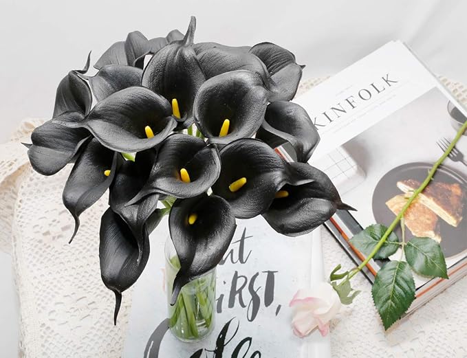 DuHouse 20Pcs Artificial Calla Lily Flower Real Touch Latex Flowers for DIY Wedding Bouquet Party Home Decor (Black)