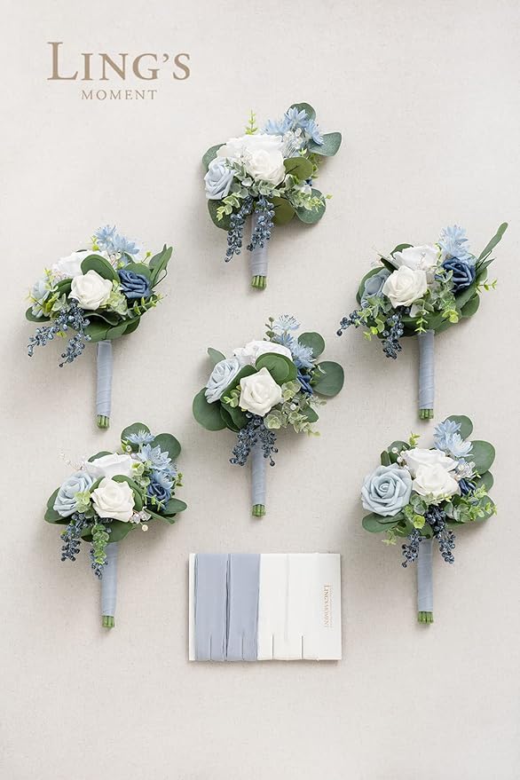 Ling's moment Artificial Flowers Dusty Blue Bridesmaid Bouquet Set of 6, Blue & White Wedding Flowers Bouquets for Bridesmaids, 7 Inch Bridal Bouquets for Bridesmaids