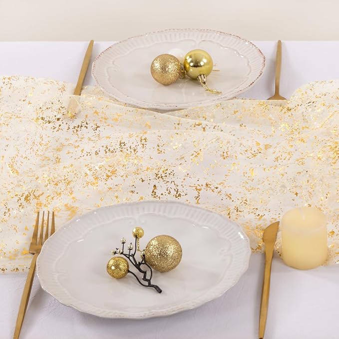 Socomi Gold Table Runner Christmas Gauze Sheer Chiffon Cheesecloth Sequin 10FT Glitter Metallic Foil Dining Wedding Birthday Party Fall Winter Holiday Centerpiece Table Decor 3pcs Beige