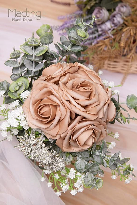MACTING 30PCS Artificial Flower Roses Fake Flowers with Stem Foam Roses for DIY Wedding Bouquet Table Centerpieces Party Holiday Baby Shower Home Spring Valentines Day Decorations,Light Brown