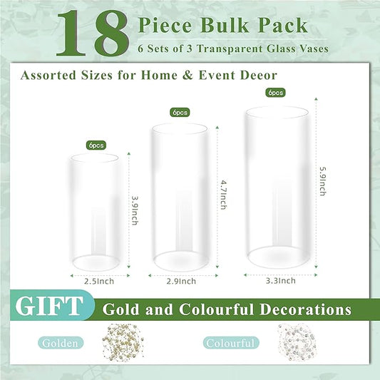 Glass Cylinder Vase Set of 18 for Centerpieces, 4,4.7,6 inch Tall Clear Vase Bulk Floating Candle Holder for Wedding Table Home Décor and Party
