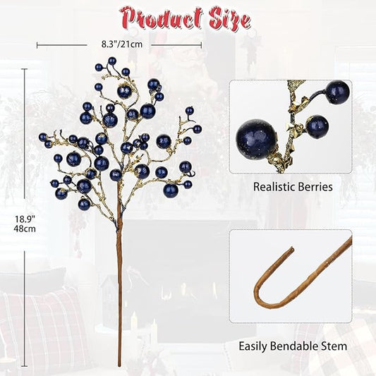 Hollyone 4 Pack Artificial Christmas Glitter Berries Stems, 19 Inch Fake Blue Holly Berry Picks with Ice Snow for Christmas Tree Wreath Floral Arrangements Holiday Home Vase DIY Crafts Decor