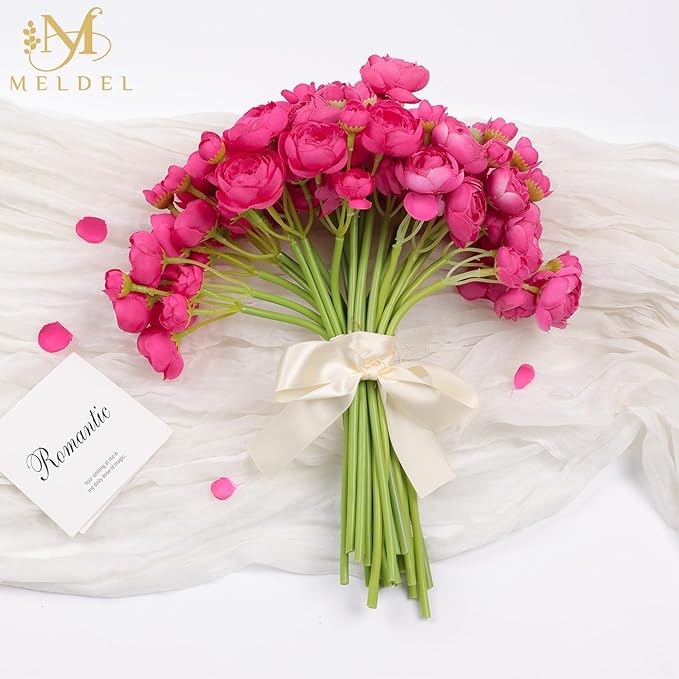 Meldel 32Pcs Ranunculus Artificial Flower Rose with Stems, Faux Rose Red Ranunculus for DIY Bouquet, Bulk Fake Peony Wedding Filler Flowers for Centerpieces Arrangements Bridal Shower Decoration