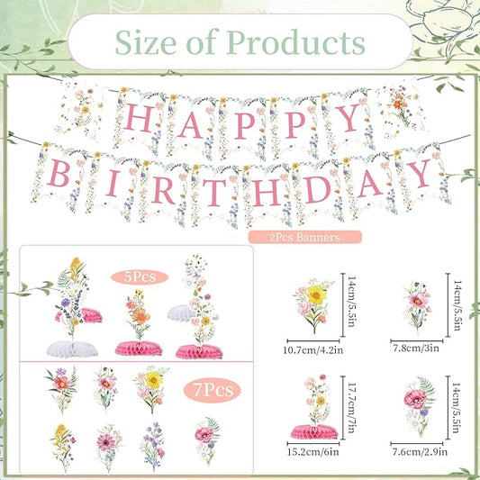 Flower Birthday Decorations for Girls Women, 14PCS Wildflower Floral Happy Birthday Banners Hanging Swirls and Honeycomb Centerpieces Decor Supplies