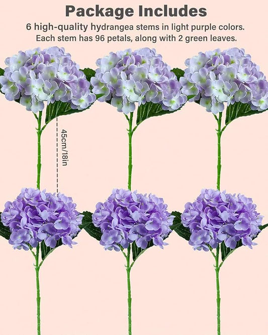 6PCS Premium Purple Hydrangea Artificial Flowers Bouquets, Light Purple Silk Hydrangea Flowers Heads with Stems, Fake Hydrangeas Flowers Arrangement, Faux Hydrangea Decor for Home Wedding Party Table