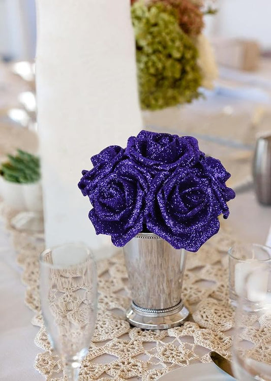 Glitter Blue Roses 30pcs Royal Blue Glitter Roses 2.56" Blue Artificial Roses with Stems Fake Foam Roses for Baby Shower Centerpieces Table Decorations for Party (Royal Blue)