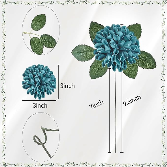 Artificial Flowers, 50pcs Artificial Rose for DIY Wedding Bouquets Centerpieces Arrangements, Dark Teal Dahlia Flowers with Stems Bridal Shower Party Home Decorations