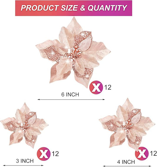 WILLBOND 36 Pieces Christmas Poinsettia Glitter Faux Flowers Christmas Artificial Flowers Tree Ornaments Topper Xmas Decorations(Rose Gold)