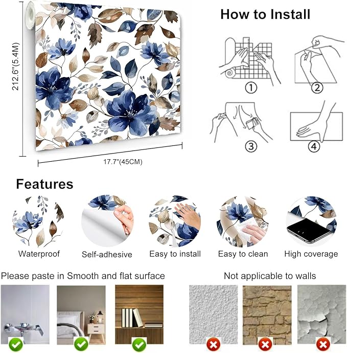 Blue Floral Peel and Stick Wallpaper Modern Contact Paper Waterproof Botanical Flower Removable Self Adhesive Wallpaper for Bathroom Bedroom Living Room Cabinets 17.7"x212.6"