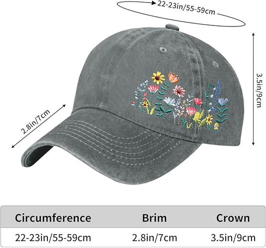 Cute Flower Hat, Elegant Floral Embroidered Adjustable Baseball Cap for Men Women, Gifts for Flower Lovers, Black