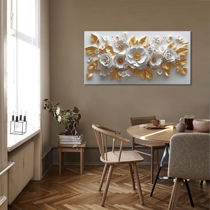 IDAFU Flower Wall Art White Foral and Golden Leaves Wall-décor White Wall Art Floral Painting Pictures for Living Room Bathroom Bedroom Kitchen Office Cuadros Decorativos Para Sala Decor 30L x 16W