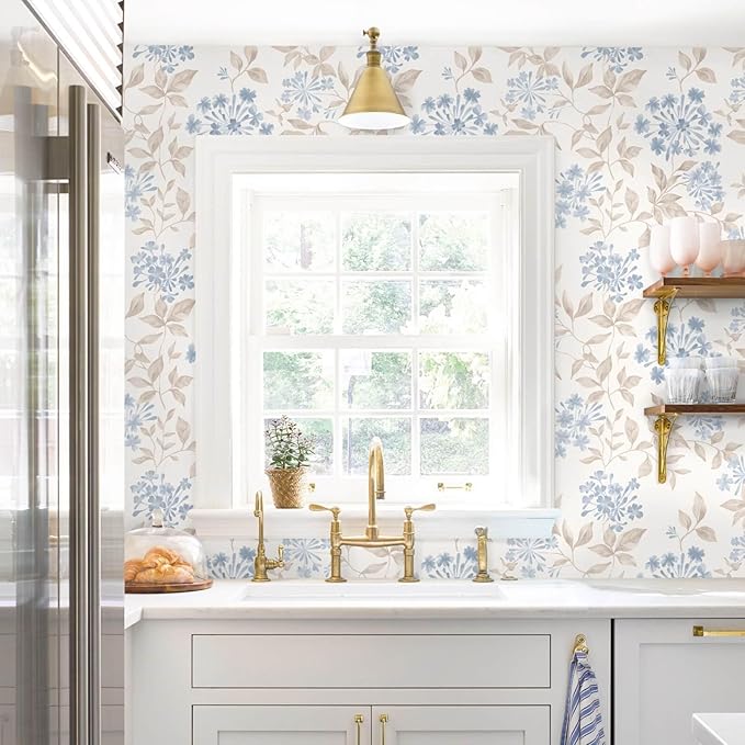 Heroad Boho Floral Wallpaper Blue/Beige Peel and Stick Wallpaper Neutral Leaf Contact Paper Removable Self Adhesive Wall Paper for Cabinet Bedroom Bathroom Waterproof Decor Vinyl Roll 17.3''x78.7''