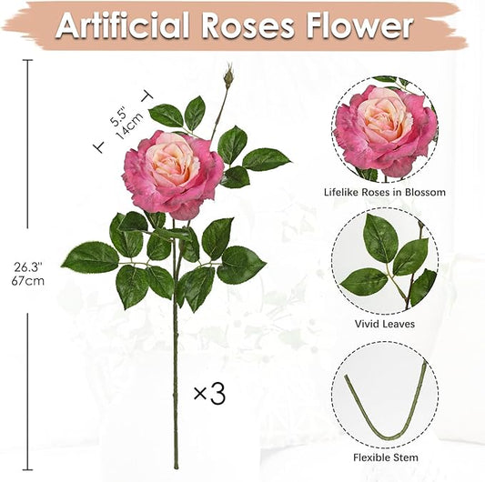 Hollyone 3Pcs Pink Roses Artificial Flowers Bouquets 26.3" Fake Flower Arrangements Silk Flowers Rose with Long Stem Floral Branch Faux Roses Flowers DIY Wedding Party Table Centerpieces Home Decor