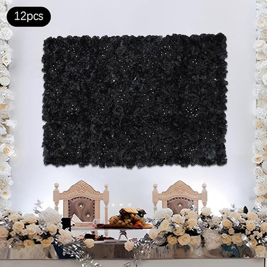 Black Flower Wall Panels, 12Pcs Artificial Roses & Hydrangeas Backdrop with Heavy Texture, Retro Floral Art for Wedding Party Home Decor