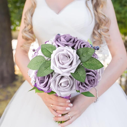 AmyHomie 25pcs Real Looking Artificial Pale Lavender Roses w/Stem for DIY Wedding Bouquets Centerpieces Arrangements Party Baby Shower Valentines Day Christmas Tree Decorations