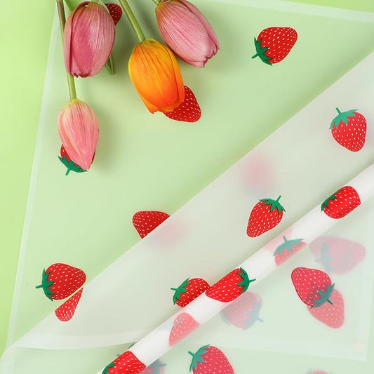 Liobelon 20 Sheets Flower Wrapping Paper Waterproof Bouquet Paper with Strawberry Pattern White Gift Wrapping Paper for Flower Shop, Wedding, Birthday Party, Handmade DIY, Anniversary 22.8 x 22.8Inch