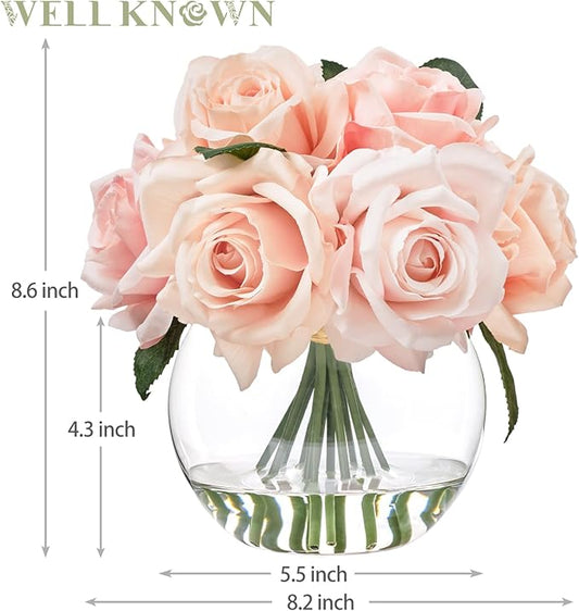 WELL KNOWN Artificial Flowers with Vase, Silk Rose Artificial Flowers Table Centerpieces with Faux Water for Home Decoration Fake Roses Flower Arrangements for Table Decor (Pink)