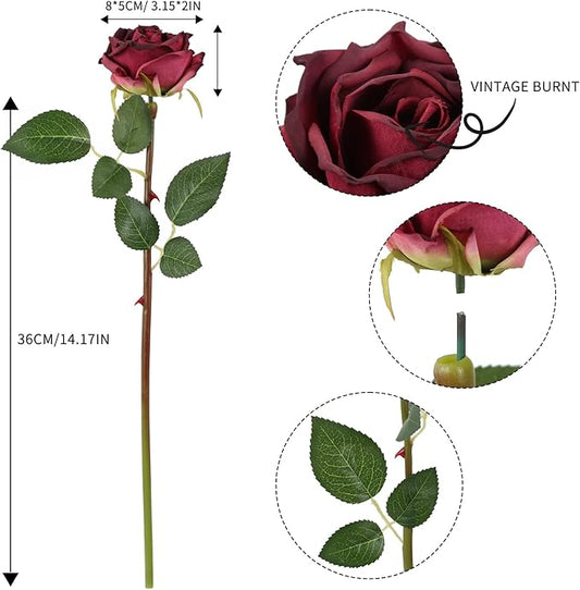 IPOPU Burgundy Roses Artificial Flowers 12PCS Roses Flowers Heads Dried Silk Flowers Burgundy Flowers Artificial for Decorations with Single Stems for Floral Arrangements Wedding Flower