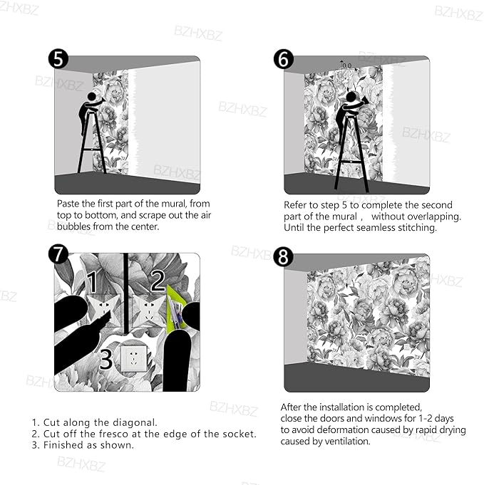 Grey Peony Floral Wallpaper Bedroom Black and White Botanical Flowers Leaf murals Aesthetic Room Decor Living Room tv Background Large Wall Mural - 183"x120" Not Peel and Stick