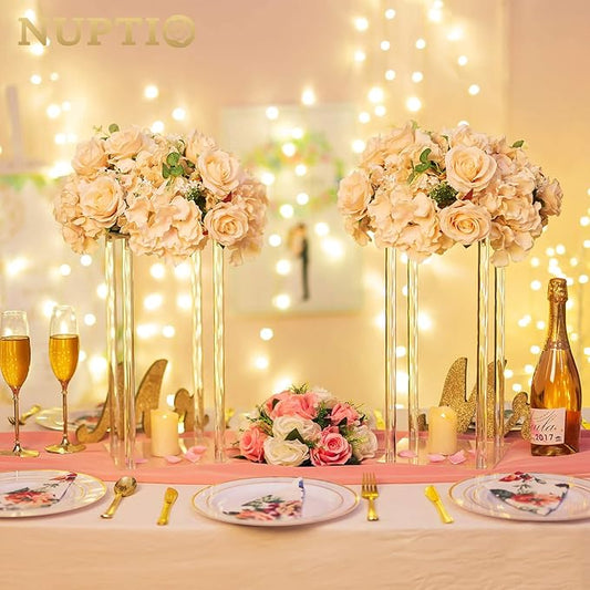 NUPTIO Flower Ball Arrangement Bouquet - 2 Pcs 14.2 inch Diameter Champagne Fake Flowers Roses Balls for Centerpieces Tables - Artificial Rose Arrangements for Wedding Centerpiece Table Decorations