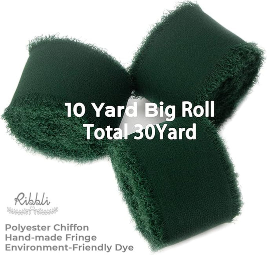Ribbli Forest Green Chiffon Silk Ribbon, 1.5 Inch x 30 Yard - Handmade, Fringe, Wedding Invitations, Gift Wrapping, Bridal Bouquets, Flower Arrangement