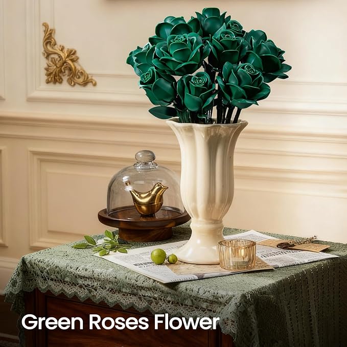 iATOM Green Rose Bouquet Building Set, Artificial Flowers Botanical Collection for Adults, Gift for Christmas and Valentines Day - Retro Home Office Table Centerpiece Decor - IA11018