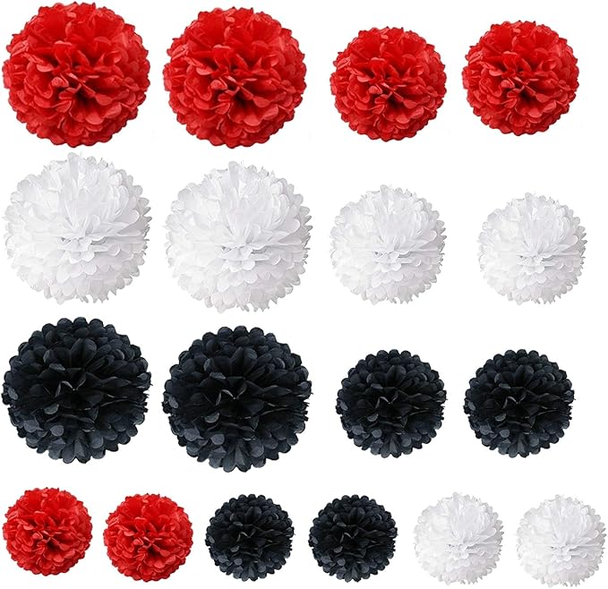 Tissue Paper Pom Poms, Recosis Paper Flower Ball for Birthday Party Wedding Baby Shower Bridal Shower Festival Decorations, 18 Pcs - Red Black White