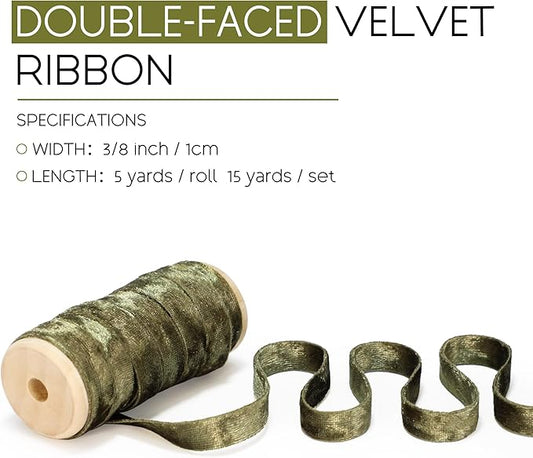 Velvet Green Ribbon Double-Sided Handmade Glossy Fabric Trim Wooden Spool Thin Ribbons for Christmas Tree Gift Wrapping Crafts Wedding Flower Bouquet 3/8 inch x 5YD 3 Rolls
