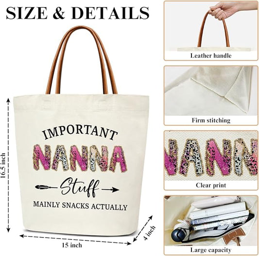 Canvas Tote Bag for Women, Important Stuff Bag with Leather Handle, Reusable Grocery Bags for Shopping Beach Travel