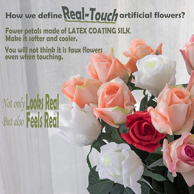 12pcs Half Opened Artificial Rose Buds,17 Inch Real Touch Silk Roses with Partially Opened Flowers, Artificial Flower for Home Décor Centerpiece Wedding Bouquet,Pink