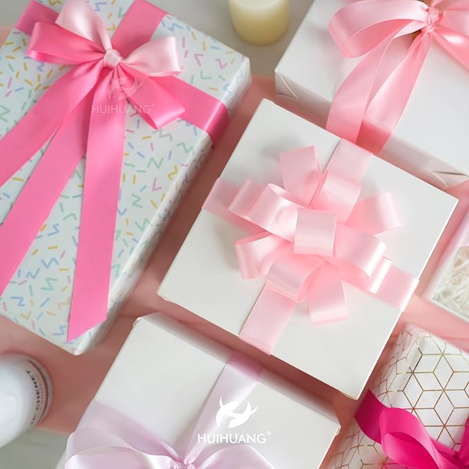 HUIHUANG Pink Satin Ribbon 1 inch Baby/Light/Hot Pink Double-Faced Satin Ribbons for Flower Bouquet, Gift Wrapping, DIY Crafts, Bridal Shower Wedding Decor- 6 Rolls, Total 30 Yards