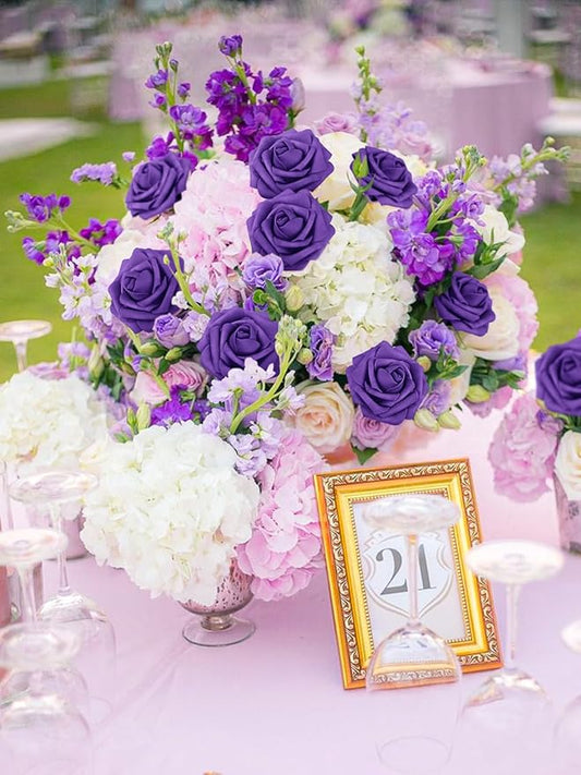 MACTING 60PCS Artificial Rose Flowers Real Touch Foam Flowers with Stem Fake Roses for DIY Wedding Bouquet Table Centerpieces Party Holiday Home Indoor Spring Valentines Day Decorations,Purple