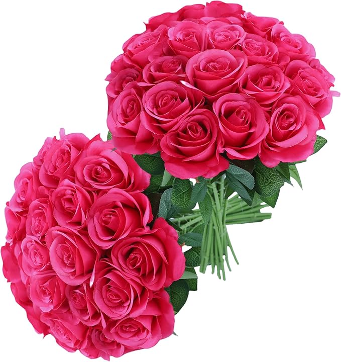 30pcs Roses Artificial Flowers Real Touch Fake Flowers with Long Stems Silk Flowers for Wedding Bouquet Centerpices Decorations Party Bridal Baby Shower Home Decor (Hot Pink)