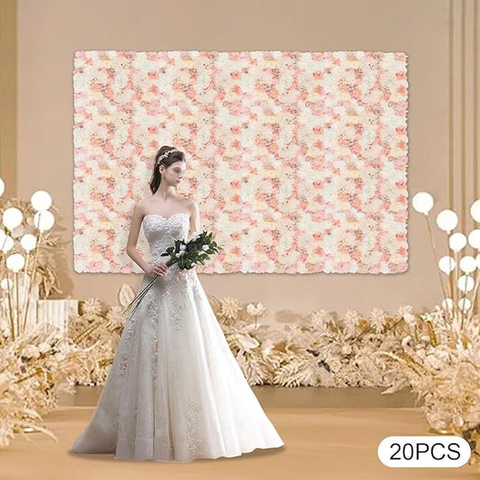 20 PCS Artificial Flower Wall Panel,Each Panel 24" x 16"3D Silk Rose Hydrangea Floral Backdrop,Handmade Eco-Friendly Flower Wall Photo Backdrop Decor (type1)