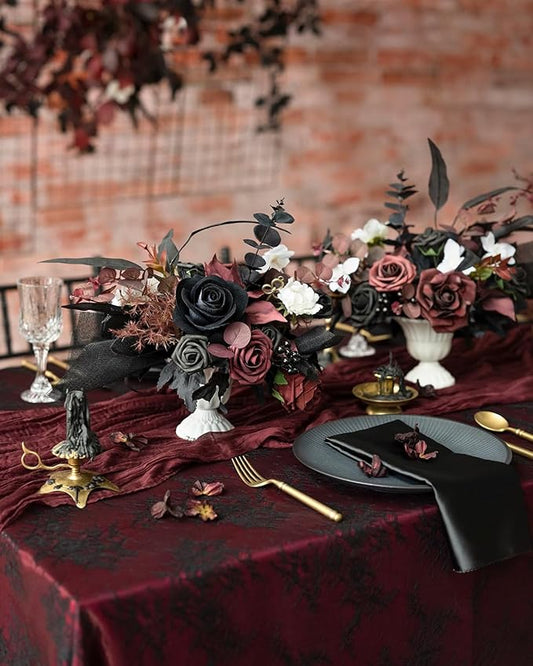 Ling's moment Fake Flowers Box, Faux Artificial Greenery Stems Foam Roses Dahlia Silk Maple Leaf Fabic Flower for Centerpieces Bouquet Wedding Vase Floral Decorations, Burgundy & Black, Mini Combo