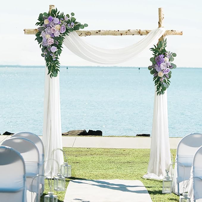 ponatia Purple Wedding Arch Flowers Kit (Pack of 3) with 26Ft White Arch Draping Fabric, Wedding Flowers Garlands Floral Arrangement Swag for Ceremony and Reception Wedding Decoration (Dusty Lilac)