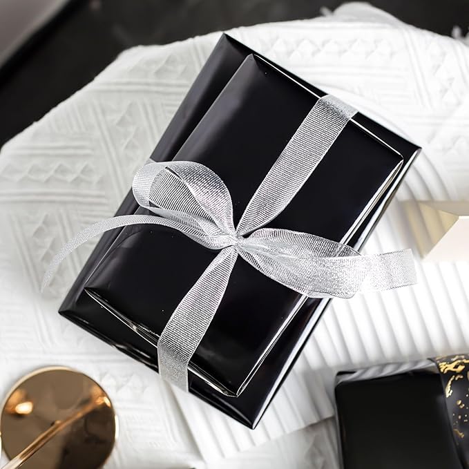 Merture Solid Color Wrapping Paper Roll - 17 Inches X 32.8 Feet(46.5 sq.ft.) - 1 Roll, Metallic Black Wrapping Paper for Halloween, Birthday, Wedding, Christmas