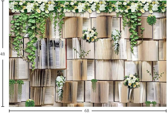 6x4ft Book Photo Backdrops Books Pages Green Leaves White Flowers Background Wedding Birthday Party Princess Photo Studio Props KUHBDJ165
